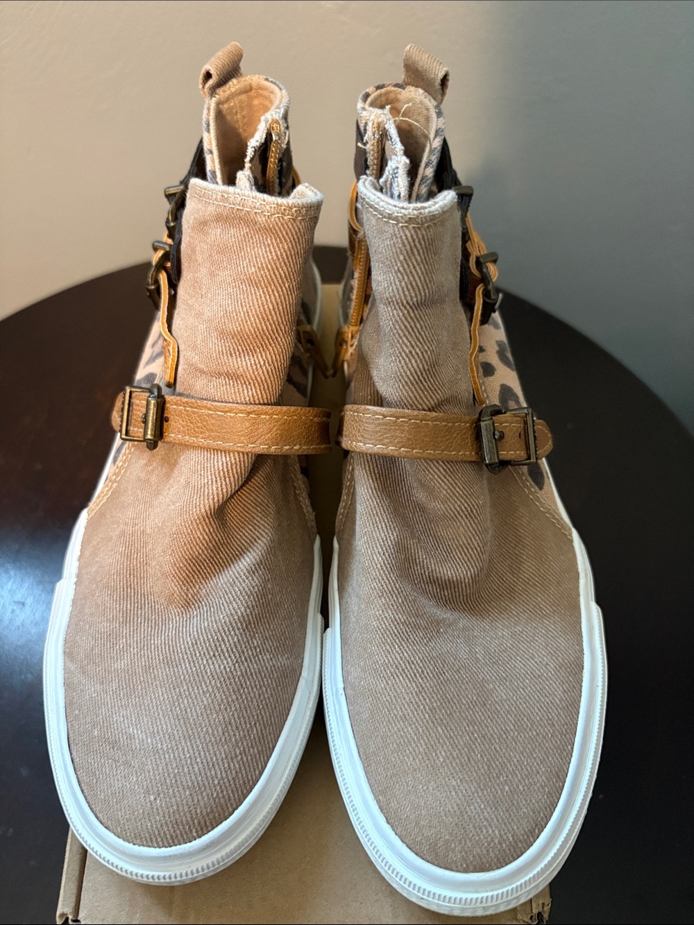Women’s Tan Canvas High-Top Sneakers with Buckle Strap
